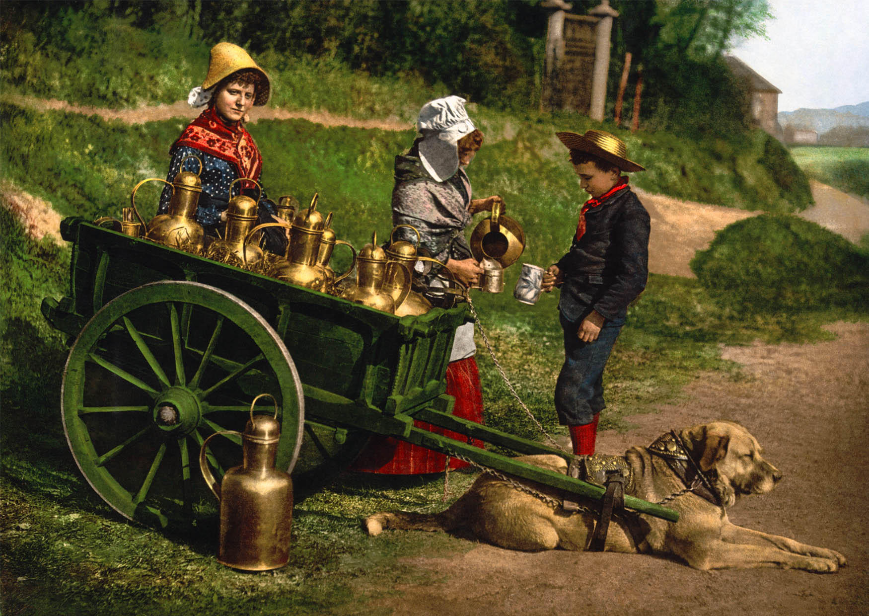 Photo vendeurs de lait avec charrette A  chien - belgique 1890